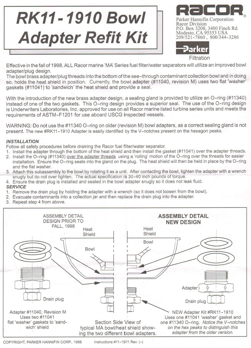 Racor rk 11-1910 RK11-1910 repl kit, bowl plug