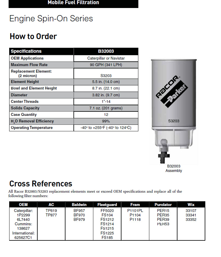 Racor b32003 bowl element assembly