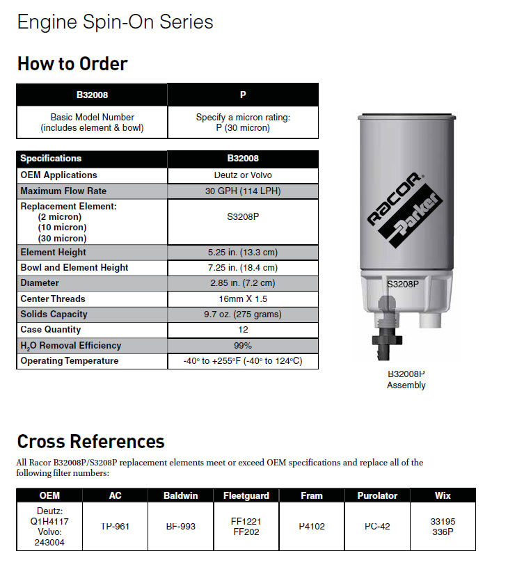 Racor b32008p element assy-3208/s3208/b32008