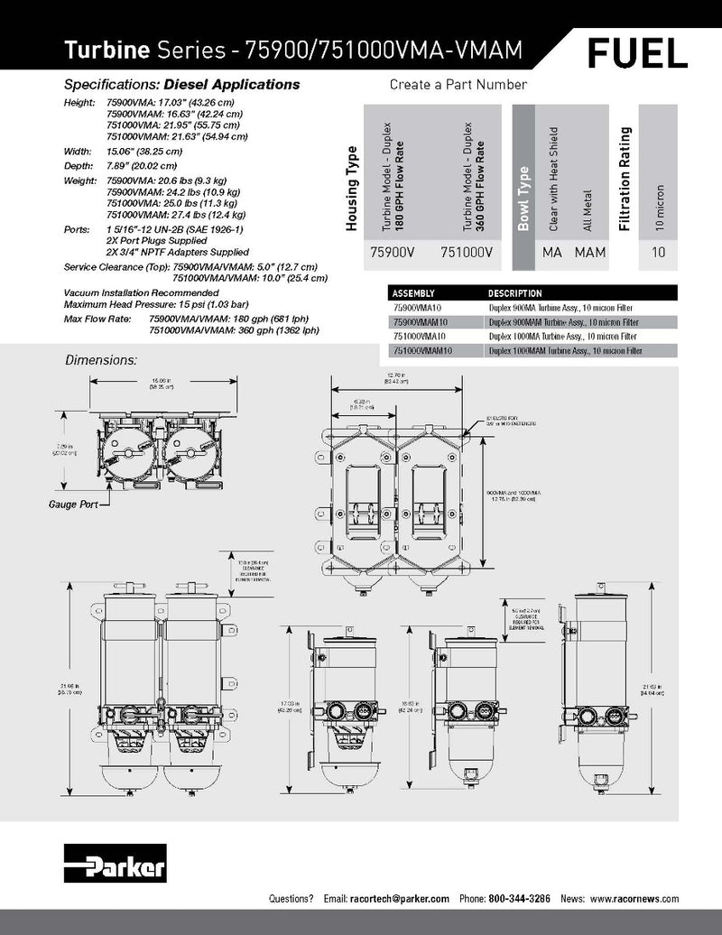 Racor 75900VMA10 Duplex Fuel Filter Water Separator Marine
